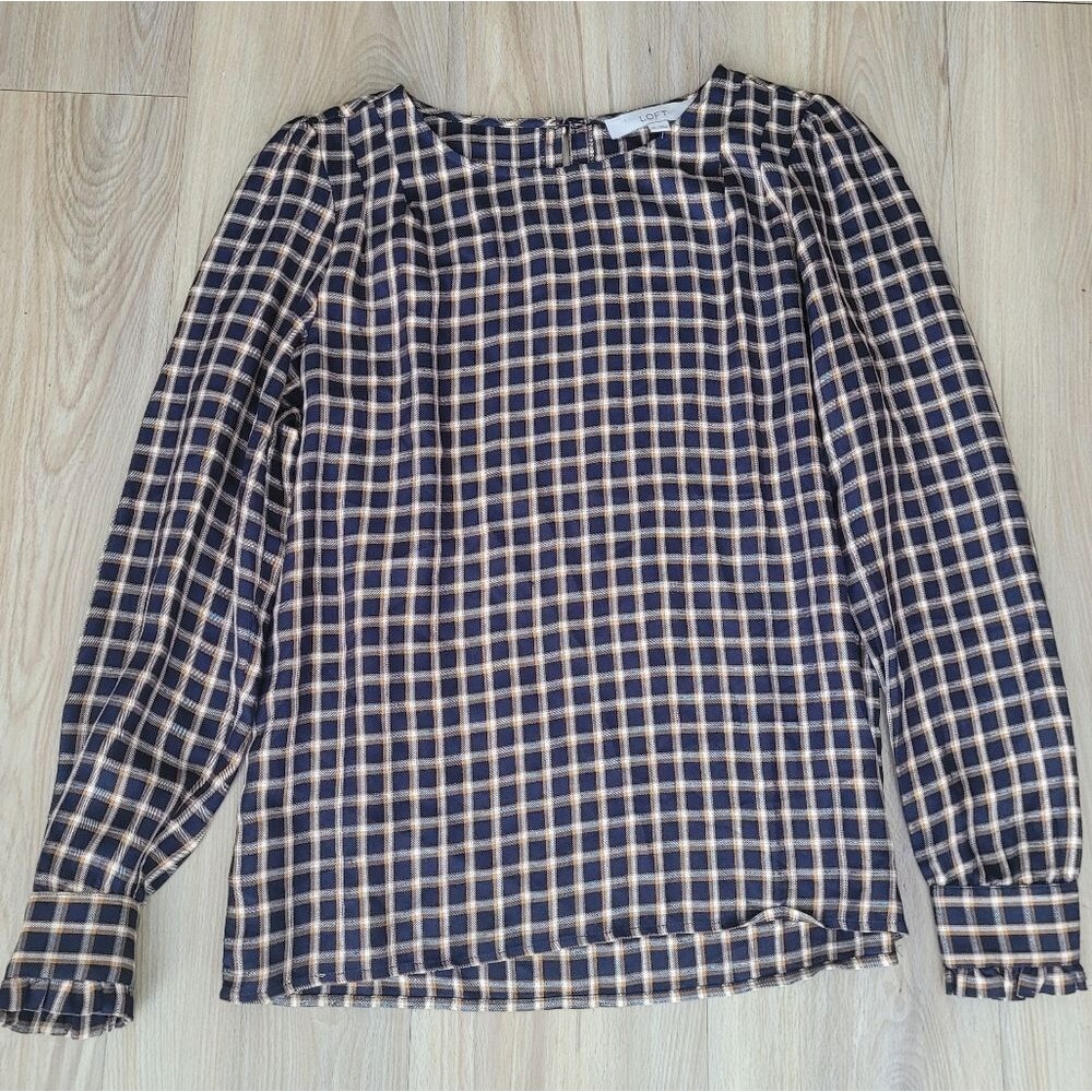LOFT Blue Gold Plaid Puff Sleeve Blouse XS Business Casual Coquette Top